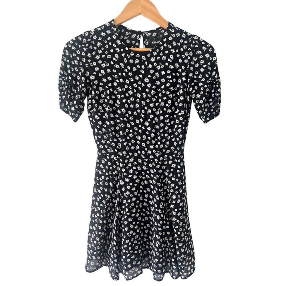 Reformation Floral Puff Sleeve Mini Dress Black White Size 2 Fit Flare Viscose
